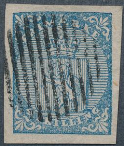 1855. Løve, 4 sk. blå. Pænt mærke med stregstempel