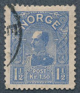1907. Haakon, 1,50 kr. ultramarin 20 mm.. Stemplet