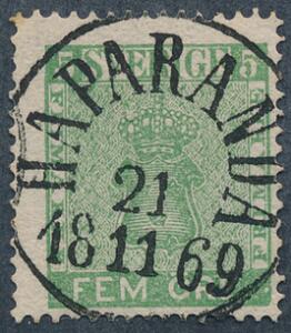 1858. Våben, 5 öre, grøn. LUX-stempel HAPARANDA 21.11.1869