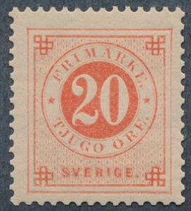 1886. Ringtype, 20 öre, orangerød posthorn. Postfrisk