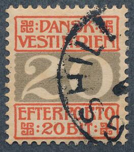 1905. Porto. 20 Bit, rødgrå. Lapidarstempel KINGSHILL. Meget sjældent