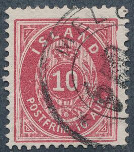 1896. 10 aur, rød, tk.12. Sjældent kronestempel MELGRASEYRI. Facit 2000