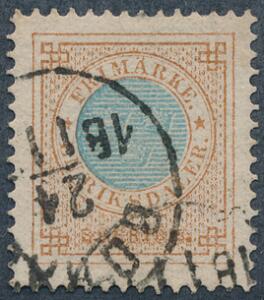 1877. Ringtype, 1 Riksdl. brunblå, tk.13. Stemplet. Facit 4000
