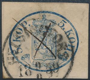 1856. 5 Kopek, blå. Udklip fra franco-kuvert med diogonale streger i papiret, pænt stemplet samt blækkryds.