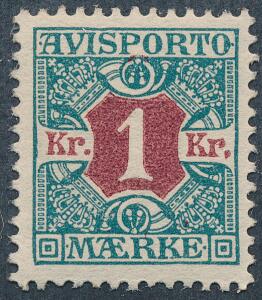 1907. 1 kr. blågrønrød, tk.12. Flot centreret postfriskt mærke. AFA 1000