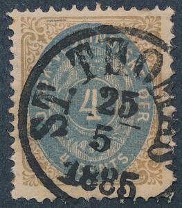 1873. 4 cents, brunblå. Tk.14. PRAGT-stemplet ST. THOMAS 25.5.1885.