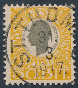 1905. Chr.IX. 50 Bit, gulgrå. PRAGT-stempel ST. THOMAS 31.3.17.