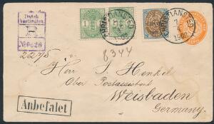 1902. 3 cents, helsag, orange. Opfrankeret med 810 cent, brunblå og 2 stk. 1 cent, grøn. Smukt anbefalet brev sendt til Tyskland, annulleret CHRISTIANSTED 7.4