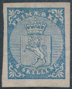 1855. Løve, 4 sk. blå. Pænt ubrugt mærke, uden gummi.