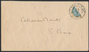1903. 4 cents, gulbrunblå, halveret diagonalt og anvendt som 2 cent på brev fra St. Thomas 23.1.03 til St. Croix. Ankomststemplet Frederiksted 24.1.03.