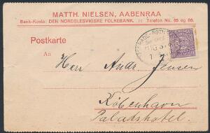 Slesvig. 1920. 40 Pf. violet. Single på postkort til København, annulleret med ovalt tog-stempel AABENRADE - ROTH KRUG BAHNPOST ZUG 37 7.5.20.