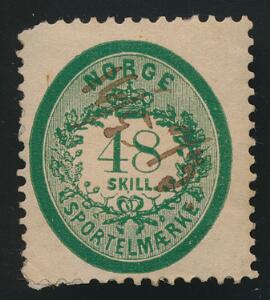 1873. Sportelmærke. 48 skilling, grøn. Blæk-annulleret 165-1873.
