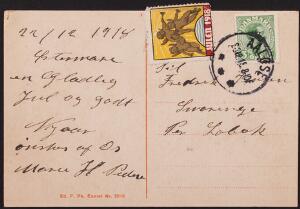 AALØSE 23.12.18. Sjældent brotype-stempel på postkort med 5 øre, Chr.X, grøn samt julemærker 1918.