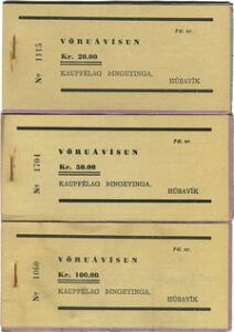 Island, samling af vareanvisninger, Húsavík, hæfter med 20, 50,  100 kr, i alt 3 stk. komplette hæfter