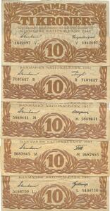 10 kr 1937 L, 1937 M 2 stk., 1942 R, 1943 V, Sieg 105, DOP 124, Pick 31, 5 stk. med forskellige underskrifter
