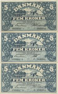 5 kr 1937 E, 1940 F, 1943 J, Sieg 102, DOP 123, Pick 30, 3 stk. med forskellige underskrifter