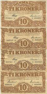 10 kr 1930 A, 1933 D, 1934 E, 1936 I, Sieg 104, i alt 4 stk.