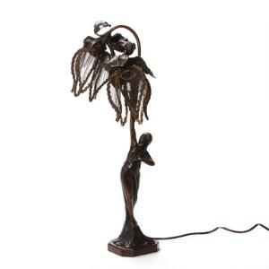 Jugend stil lampe af patineret bronze i form af kvinde holdende en blomsteropsats. Betegnet L. Beck. H. 60 cm.