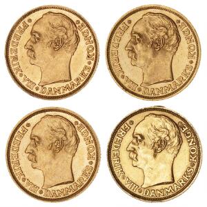 10 kr 1908 2 stk., 1909 2, H 2, F 298, i alt 4 stk. i varierende kvalitet