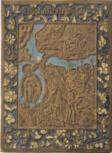 Russisk messingemalje ikon forestillende Elias himmelfart. 19. årh. 14,5 x 12 cm.
