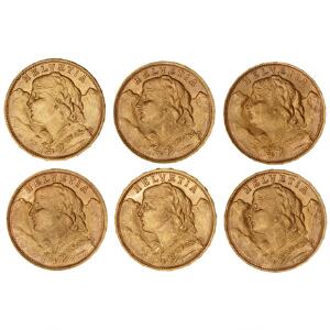 Schweiz, 20 Francs 1913B, 1930B, 1935B 2 stk., 1947B 2, F 499, i alt 6 stk. - alle kval. 01 eller bedre