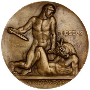 Plakette forestillende myten om Theseus og Minotaurus kamp, Hansen, A., 1922, bronze, 145 mm, 508 g