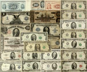 USA, samling sedler21 stk 19.-20. århundrede inkl. 10 Dollars 1914, Dollar 1899, 1917, 1923 Richmond, 20, 10 Dollars 1864. Danmark, 100, 50, 20 kr. 24