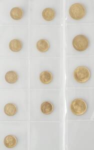 Samling af danske guldmønter, bl.a. 20 kr 1873, 1900, 1913 2, 10 kr 1873 2, 1877, 1890, 1909 2, 1913 2, 1917, i alt 13 stk. i varierende kvalitet