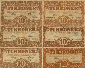 10 kr 1913, 1919 E, 1920 F, 1923 I, 1925 K, 1925 L, Sieg 103, DOP 114, Pick 21, i alt 6 stk.
