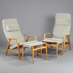 Alf Svensson Kontour. Et par lænestole med tilhørende skamler, stel af eg- og bøgetræ, justerbar ryg med ternet betræk. 4