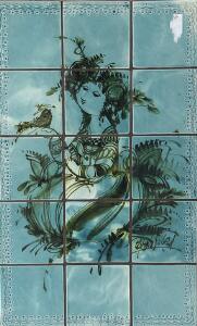 Bjørn Wiinblad Vægrelief sammensat af 18 glaserede kakler med motiv i form af kvindeskikkelse omgivet af blomster og blade. H. 74. B. 44. D. 3,5.