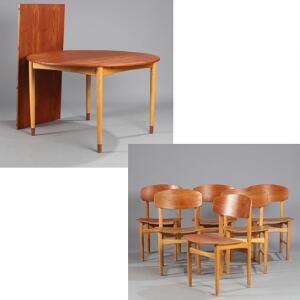 Børge Mogensen Udtræksbord med tillægsplade af teak- og bøgetræ samt seks stole af teak- og bøgetræ. Bord H. 73. Diam. 120. 8