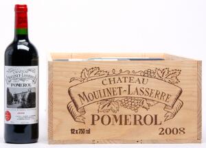 12 bts. Château Moulinet-Lasserre, Pomerol 2008 A hfin. Owc.