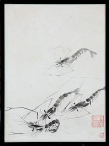 Xu Zhifang, 20. årh. Rejer samt gren med gule bær. Stemplet med segl Xu Zhifang. Vandfarve på papir. 35 x 25 cm. 2
