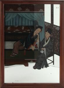 Kinesisk hinterglas maleri med kvinde og mand, i ramme af hardwood. 20. årh. 49 x 34 cm.