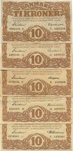 10 kr 1937 K, 1937 L, 1937 M, 1941 Q, 1943 U, Sieg 105, DOP 124, Pick 31, 5 stk. med forskellige underskrifter