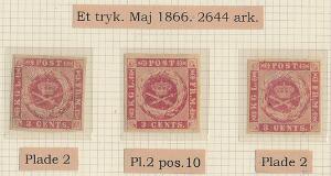 1866. 3 cents, rosa. Plade II. 3 smukke ubrugte mærker