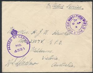 1942. Feltpostbrev til Australien. FPO 219 og Passed by censor 4331. Pragtkvalitet