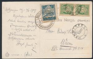 1907. Posthorn, 5 øre, grøn. Parstykke på brevkort med mærkat POLAR-POST, 10 øre, blå