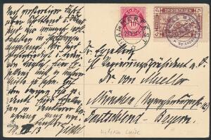 1913. Posthorn, 10 øre, rød på brevkort med mærkat SPITSBERGEN, 5 øre, brun