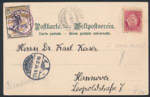 1897. Posthorn, 10 øre, rød på brevkort med mærkat ARCTISCHE POST stemplet ADVENT BAY 1896