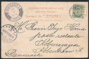 1901. Våben, 5 øre, grøn på brevkort fra THORSHAVN til København såkaldt Hviid-forsendelse
