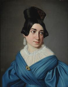 N. P. Holbech Portræt af en ung dame i blå kjole prydet med guldbroche. Sign. monogram 1835. Olie på lærred. 27 x 21. Empireramme.