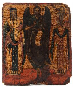 Græsk ikon forestillende ærkeengel omgivet af helgener. Tempera på træ. 19. årh. 33 x 28 cm.