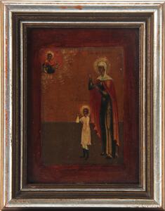 Russisk Ikon forestillende helgene Kirikos og Julita. Tempera på træ med senere ramme. 19 årh. 18 x 13.