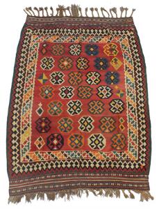 Kashgai Kelim tæppe, prydet med geometrisk gentagelsesmønster på rød bund. Persien. 20. årh.s begyndelse. 220 x 156.