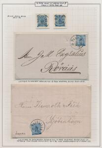 1858. 12 Öre, blå. Udstillings-planche med 2 smukke mærker samt 2 breve.