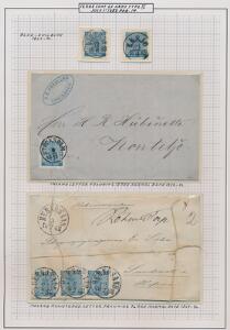 1858. 12 Öre, blå. Udstillings-planche med 2 smukke mærker samt 2 breve, ene breve med snor omkring kuverten.