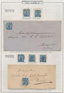 1858. 12 Öre, blå. Udstillings-planche med 5 smukke mærker samt 2 breve incl. varianter.