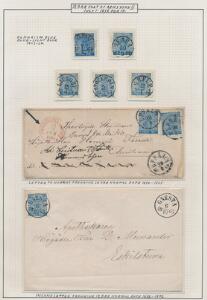 1858. 12 Öre, ultramarin-blå. Udstillings-planche med 5 smukke mærker samt 2 breve.